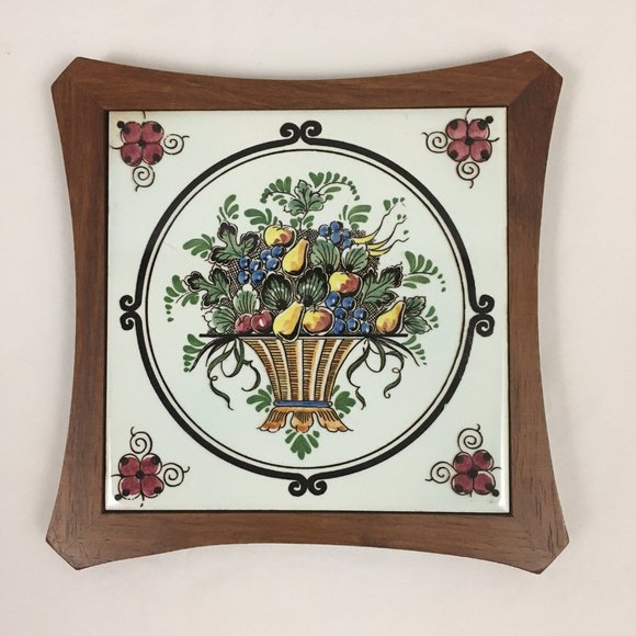 VTG Fruit Basket Tile Wood Trivet Decor - Picture 1 of 10